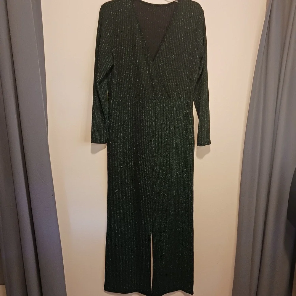 Holiday Party Disco Bling Sparkle Green Metallic Long Sleeve Wide Leg Jumpsuit L